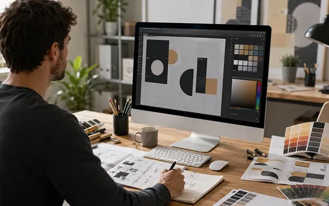 Diseñador gráfico creando un soporte impreso en el ordenador