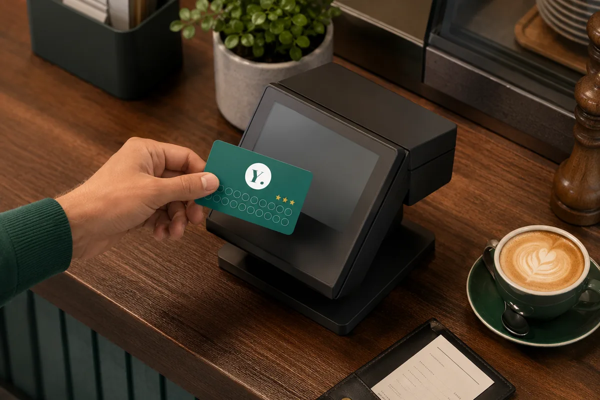 Mano que presenta una tarjeta de fidelidad PVC verde con casillas de sellos ante el terminal de caja de una cafetería