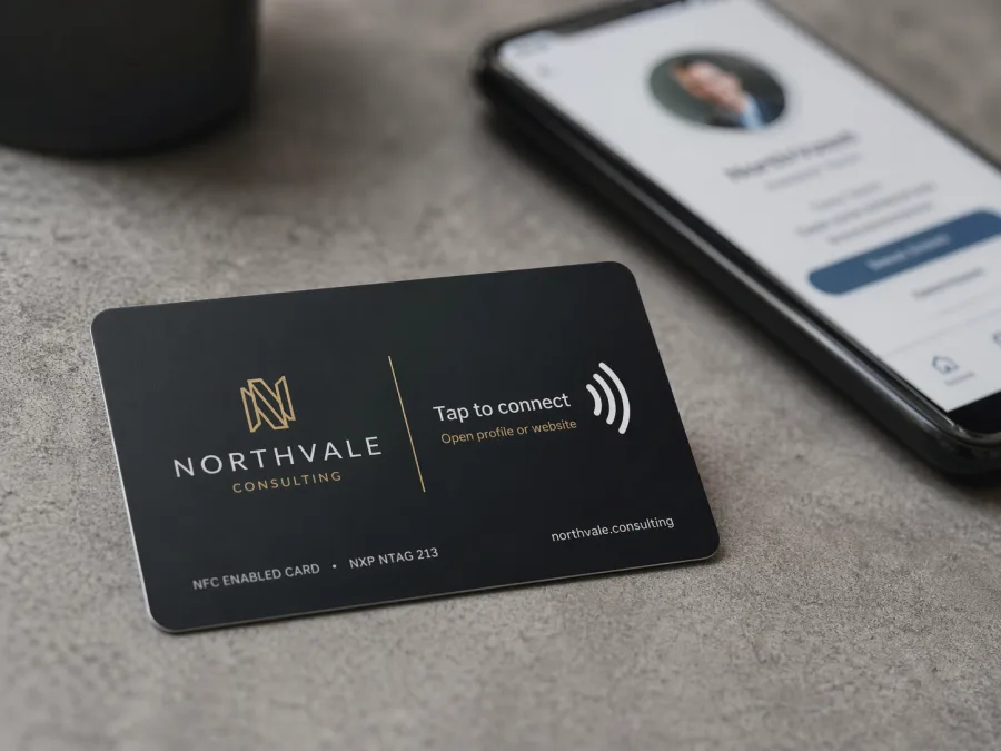 Tarjeta de visita PVC negra con chip NFC NTAG213 y la indicación Tap to connect, junto a un smartphone con un perfil profesional en pantalla