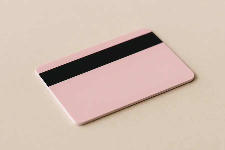 Tarjeta PVC rosa con banda magnética negra en el reverso