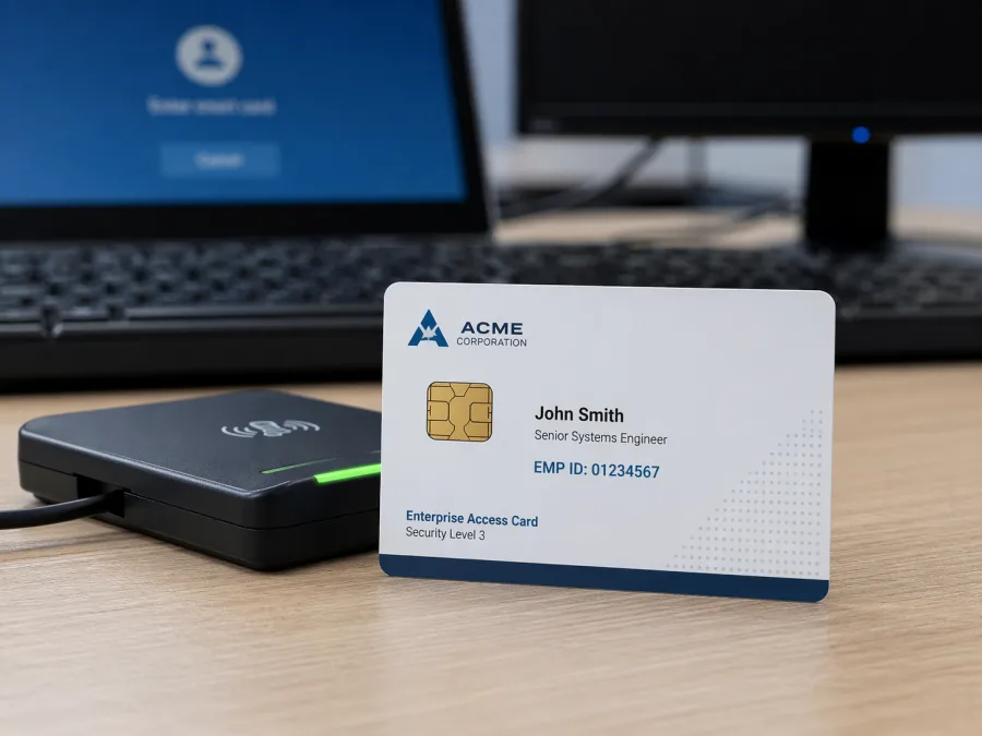 Tarjeta PVC de empleado con chip de contacto dorado, nombre y número, junto a un lector de tarjetas inteligentes conectado a un ordenador