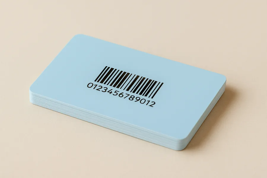Tarjetas PVC azules apiladas con un código de barras y su número impreso en claro