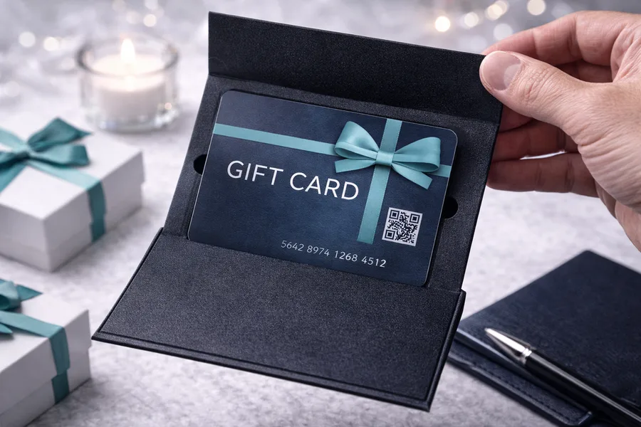 Tarjeta regalo PVC azul con lazo impreso, código QR y número, presentada en un estuche negro