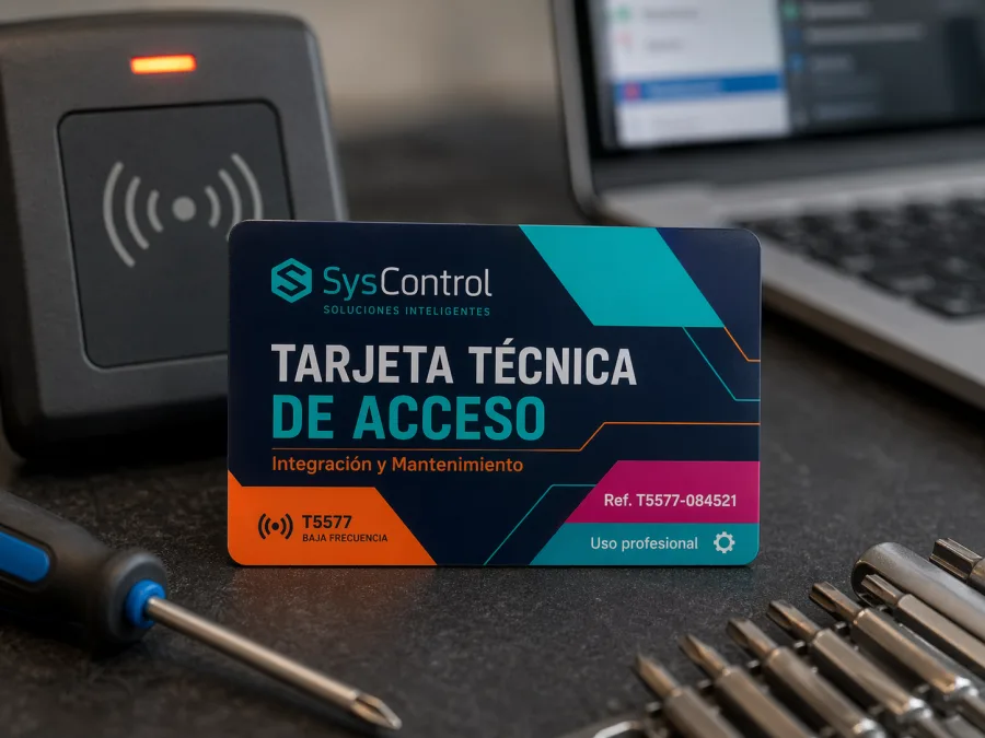 Tarjeta PVC técnica de acceso con chip RFID T5577 de baja frecuencia, delante de un lector de pared de 125 kHz