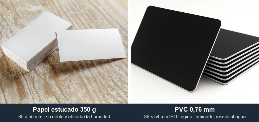 Comparación entre tarjetas de visita de papel estucado blancas de esquinas rectas y tarjetas PVC negras rígidas de esquinas redondeadas con el canto blanco visible