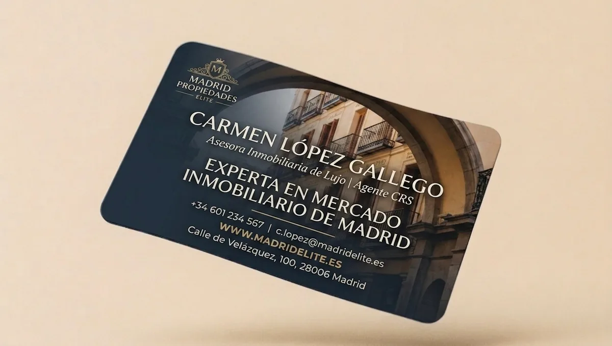 Tarjeta de visita PVC de una asesora inmobiliaria de Madrid, con fotografía a sangre, textos claros y esquinas redondeadas