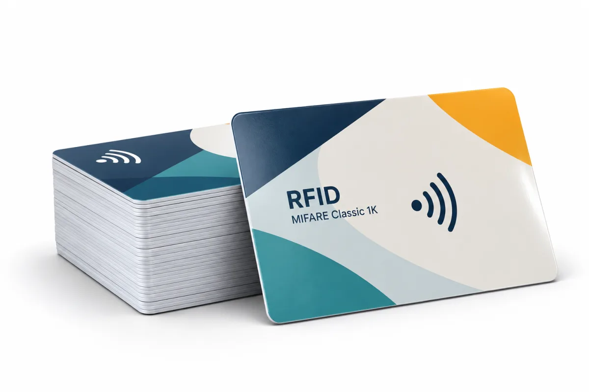 Pila de tarjetas PVC sin contacto impresas en cuatricromía, con la mención RFID MIFARE Classic 1K y el símbolo de lectura sin contacto