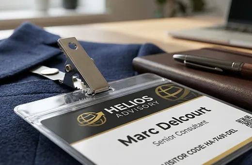 Pinza cocodrilo metálica para fijación discreta de la tarjeta de socio en la ropa